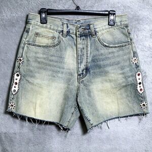 mnml Jeans Shorts Womens 31 Blue Denim Raw Hem Distressed Studded Gem